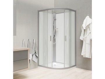 Sprchový box, čtvrtkruh, 100cm, satin ALU, sklo Point, zadní stěny bílé, litá vanička, bez stříšky