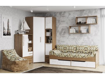Postel 90x200 s ÚP HARVARD dub hickory/bílá/potisk