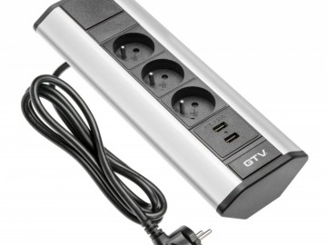 GTV  AE-PBKT3U2U-80 Zásuvky stolní rohové, 3x zásuvka, 2xUSB, stříbrná