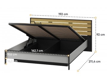 Postel s ÚP a LED 160, barva šedá/černá/dub