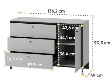 Komoda 1D3S s LED SAVONA barva šedá/černá